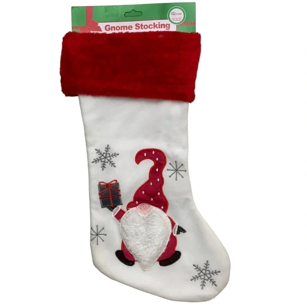 Christmas Stocking Santa Gnome Embroidery Embellishments 17 inches White Red